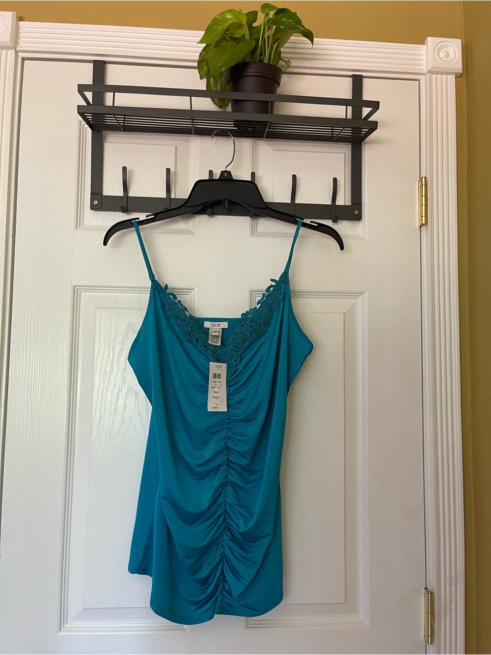 NEW Cache Teal Lace-Trim Ruched Spaghetti-Strap Cami Y2K  size L